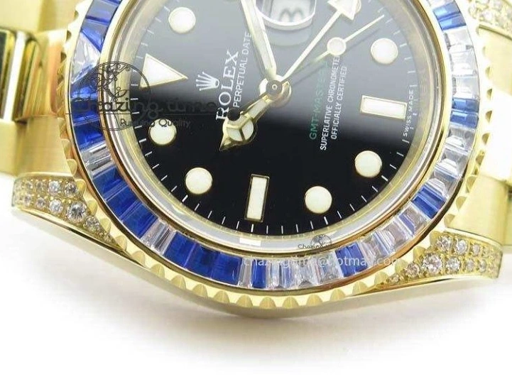 0414 GMT-Master II 116759 YG Bp-Maker Blue Ruby Crystal Bezel Black Dial On YG Bracelet A NewStyle 3775